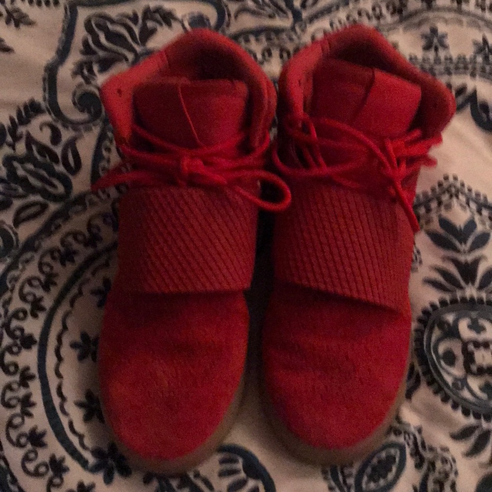 Red suede adidas  high top sneakers